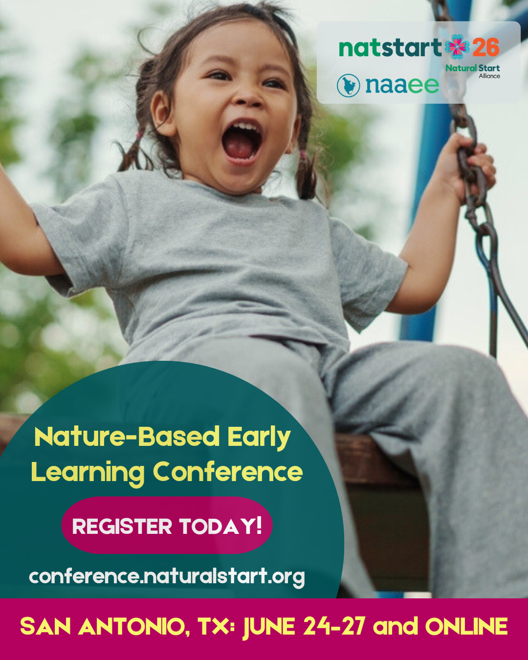 NatStart26 Registration promo graphic - young enthusiastic girl on swing