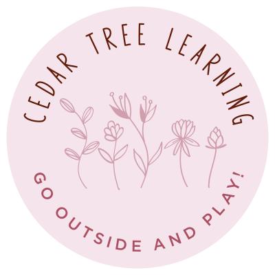 Pink circle log with floral design in center and text that reads "Cedar Tree Learning, Go outside and play!"